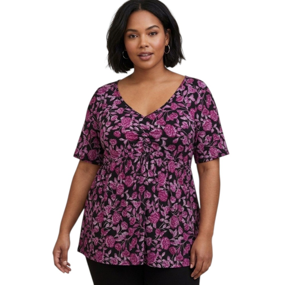 Torrid Babydoll Blouse Top Purple Black Floral Peplum Boho Romantic Plus Sz 3 3X